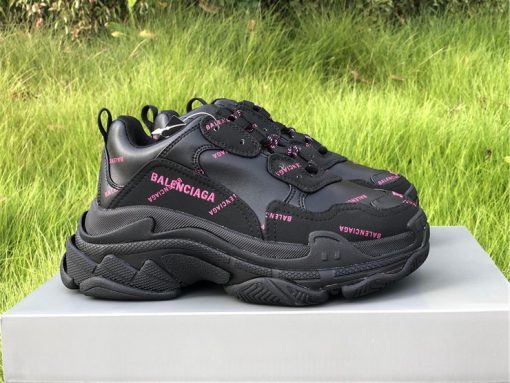 Balenciaga Allover Logo Triple S Black Pink replica sneakers featuring a stylish design with bold branding, available for sneaker enthusiasts seeking high-quality replicas.