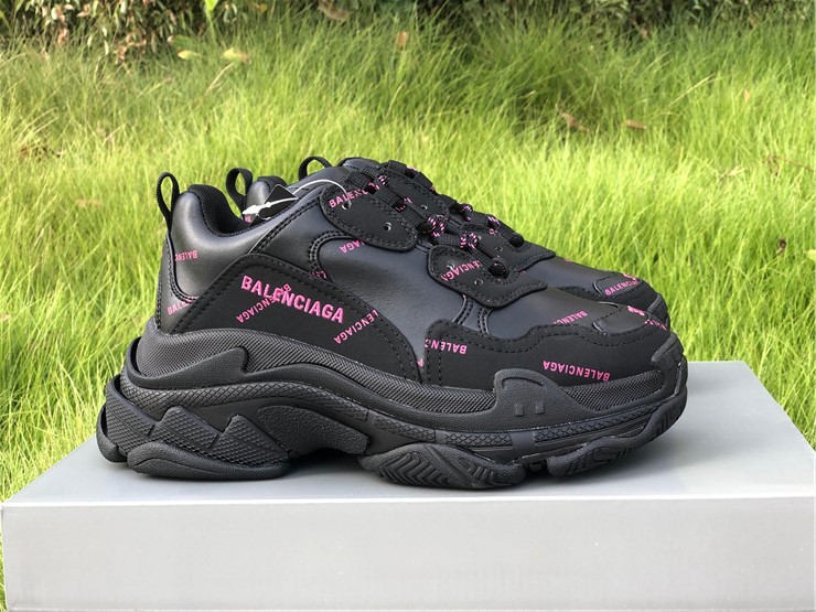 Balenciaga Allover Logo Triple S Black Pink replica sneakers featuring the iconic triple sole design and bold logo print, perfect for fashion-forward sneaker enthusiasts.