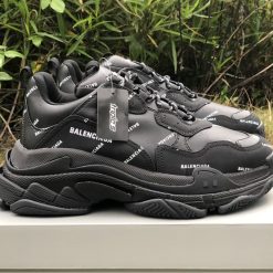 Balenciaga Allover Logo Triple S Black Sneaker, high-quality replica sneakers featuring a bold logo design and a stylish silhouette perfect for fashion-forward individuals.