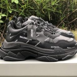 Balenciaga Allover Logo Triple S Black Sneaker replica sneakers featuring a stylish black design with bold logo detailing, perfect for fashion-forward individuals seeking high-quality alternatives.