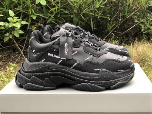Balenciaga Allover Logo Triple S Black Sneaker replica sneakers featuring a stylish black design with bold logo detailing, perfect for fashion-forward individuals seeking high-quality alternatives.