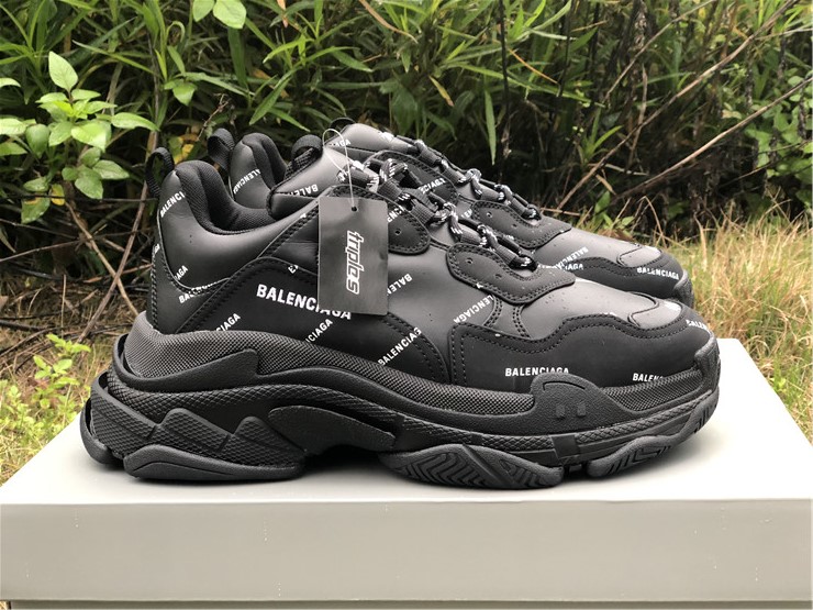 Balenciaga Allover Logo Triple S Black Sneaker, high-quality replica sneakers featuring a bold logo design and a stylish silhouette perfect for fashion-forward individuals.