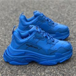 Balenciaga Allover Logo Triple S replica sneakers featuring a distinctive all-over logo design, showcasing high-quality craftsmanship and trendy streetwear style.