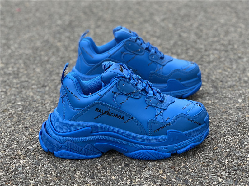 Balenciaga Allover Logo Triple S Blue replica sneakers showcasing a stylish design with a vibrant blue color and bold logo detailing, perfect for sneaker enthusiasts seeking high-quality replicas.