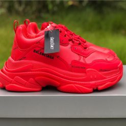 Balenciaga Allover Logo Triple S Bright Red replica sneakers featuring a vibrant red colorway and distinctive allover logo design, perfect for fashion-forward sneaker enthusiasts.