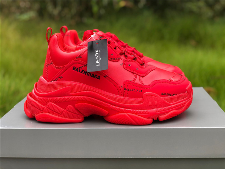 Balenciaga Allover Logo Triple S Bright Red replica sneakers featuring a vibrant red colorway and distinctive allover logo design, perfect for fashion-forward sneaker enthusiasts.