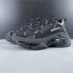 Balenciaga Allover Logo Triple S Clear Sole Black replica sneakers showcasing a stylish design with a bold logo print and transparent sole, perfect for fashion-forward sneaker enthusiasts.