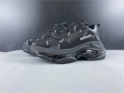 Balenciaga Allover Logo Triple S Clear Sole Black replica sneakers featuring a sleek black design with an allover logo print, perfect for stylish streetwear and sneaker enthusiasts.