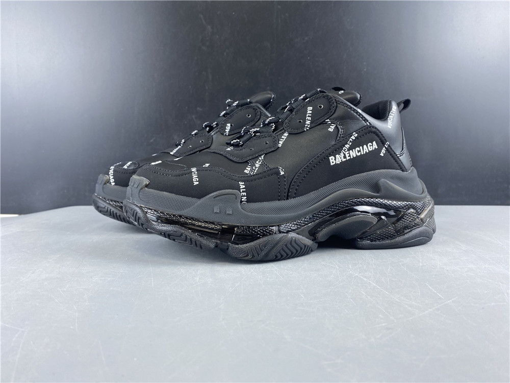Balenciaga Allover Logo Triple S Clear Sole Black replica sneakers showcasing a stylish design with a bold logo print and transparent sole, perfect for fashion-forward sneaker enthusiasts.