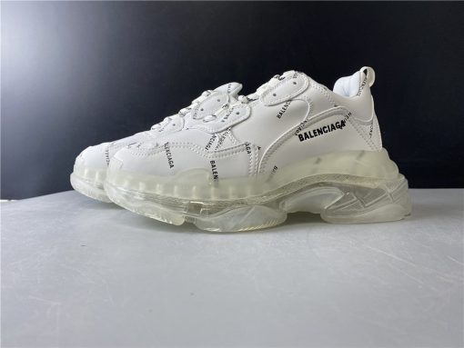 Balenciaga Allover Logo Triple S Clear Sole White replica sneakers showcasing a stylish design with a clear sole and distinctive branding, perfect for sneaker enthusiasts seeking high-quality alternatives.