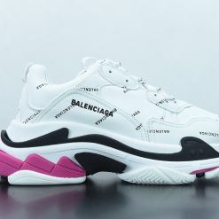 Balenciaga Allover Logo Triple S White Black Pink Sneaker, high-quality replica sneakers featuring a stylish design with a mix of colors and prominent logo branding, perfect for fashion enthusiasts.