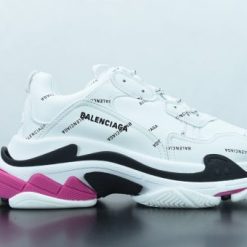 Wholesale Luxury Balenciaga Allover Logo Triple S White Black Pink Sneaker featuring a stylish design with a vibrant color palette, perfect for sneaker enthusiasts seeking high-quality replica sneakers.