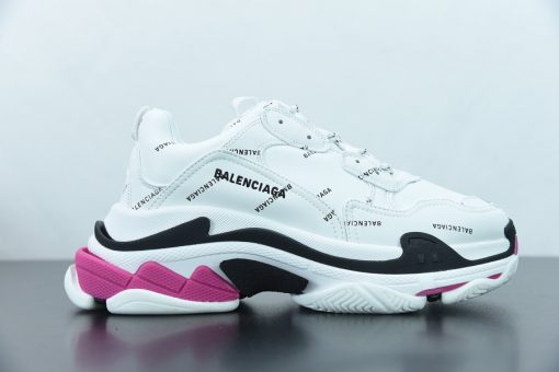 Wholesale Luxury Balenciaga Allover Logo Triple S White Black Pink Sneaker featuring a stylish design with a vibrant color palette, perfect for sneaker enthusiasts seeking high-quality replica sneakers.