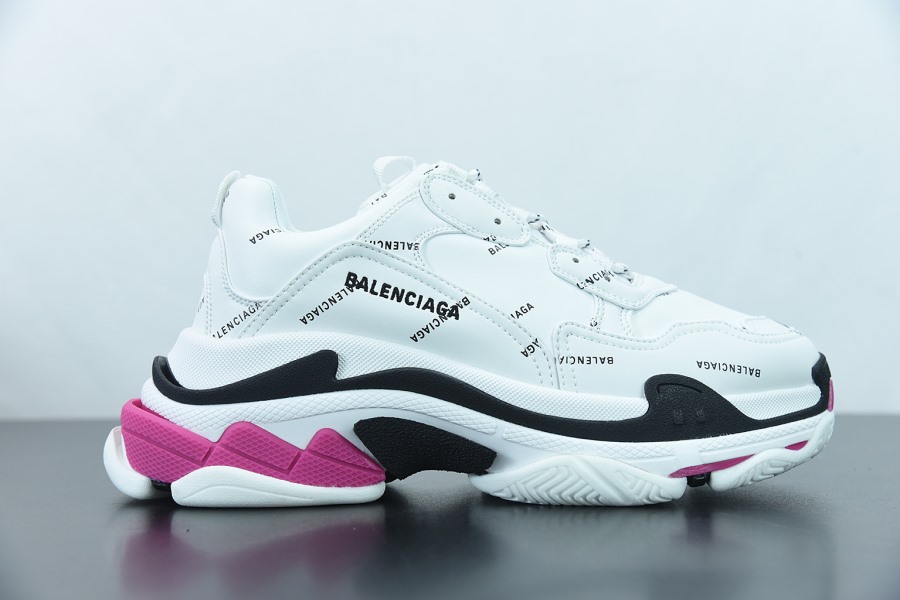Balenciaga Allover Logo Triple S White Black Pink Sneaker, high-quality replica sneakers featuring a stylish design with a mix of colors and prominent logo branding, perfect for fashion enthusiasts.