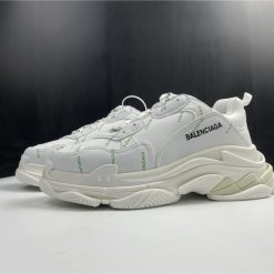 Balenciaga Allover Logo Triple S White Fluorescent Green replica sneakers featuring a bold logo design and vibrant color combination, ideal for fashion-forward individuals seeking trendy footwear options.