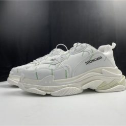 Balenciaga Allover Logo Triple S White Fluorescent Green replica sneakers featuring a stylish design with bold logo prints and vibrant color accents, perfect for fashion-forward sneaker enthusiasts.