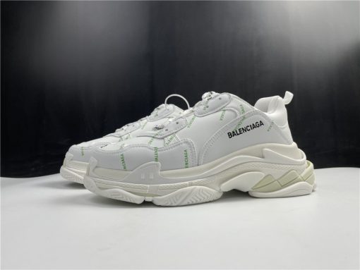 Balenciaga Allover Logo Triple S White Fluorescent Green replica sneakers featuring a stylish design with bold logo prints and vibrant color accents, perfect for fashion-forward sneaker enthusiasts.