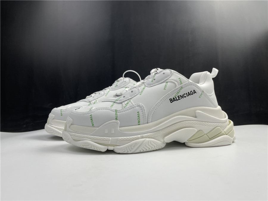 Balenciaga Allover Logo Triple S White Fluorescent Green replica sneakers featuring a bold logo design and vibrant color combination, ideal for fashion-forward individuals seeking trendy footwear options.