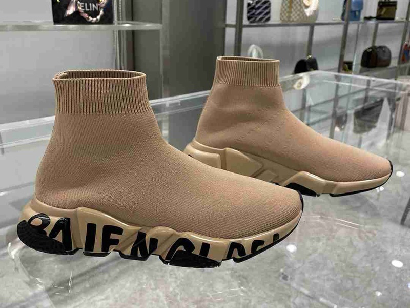 Balenciaga Graffiti Speed Beige Black Sneaker replica sneakers showcasing a stylish design with graffiti print, featuring a blend of beige and black colors for a trendy look.