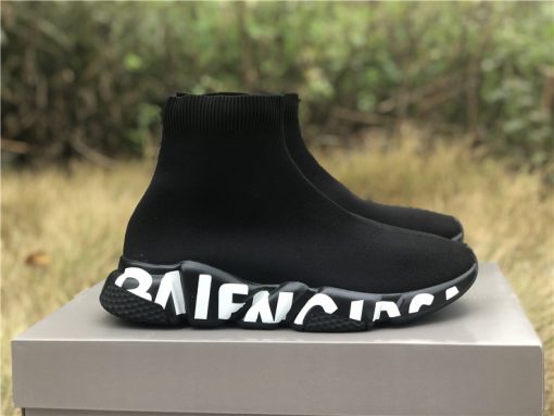 Balenciaga Graffiti Speed Black Sneaker, featuring a stylish graffiti design and sleek black finish, perfect for those seeking high-quality replica sneakers that blend fashion and comfort.