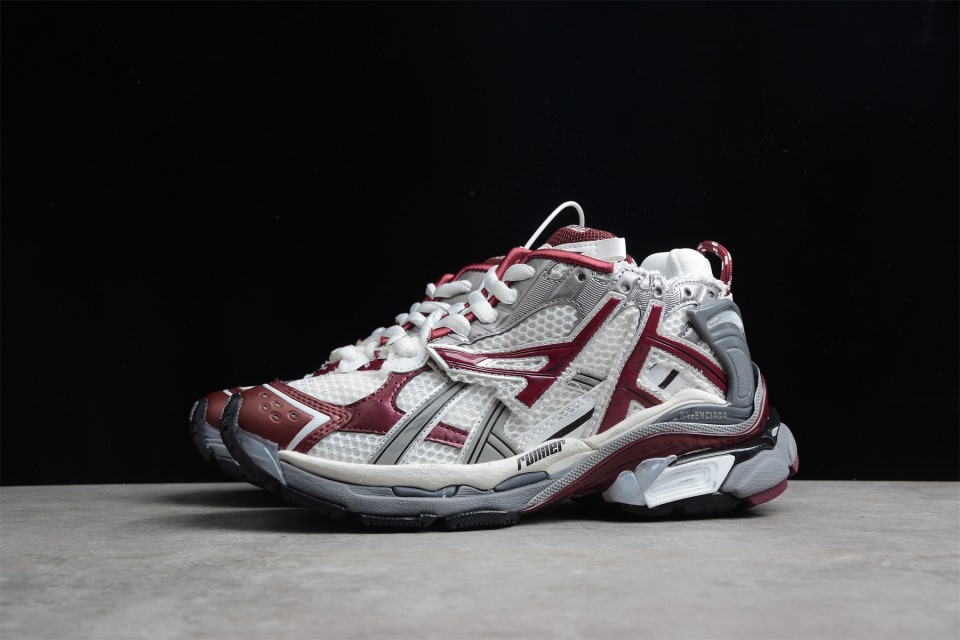 Wholesale Luxury Balenciaga Runner White Burgundy Sneaker, high-quality replica sneakers featuring a stylish design with a mix of white and burgundy colors, perfect for fashion-forward sneaker enthusiasts.