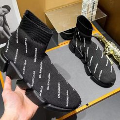 Balenciaga Speed 2.0 Allover Logo Black Sneaker replica sneakers showcasing a sleek design with a bold logo pattern, perfect for streetwear enthusiasts and sneaker collectors.