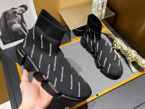 Balenciaga Speed Allover Logo Black Sneaker replica sneakers featuring a sleek design with an all-over logo pattern, perfect for fashion-forward individuals seeking high-quality alternatives.