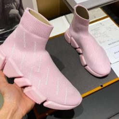 Balenciaga Speed 2.0 Allover Logo Pink Sneaker, high-quality replica sneakers featuring a vibrant pink colorway and iconic logo design, perfect for fashion-forward individuals looking for stylish footwear alternatives.