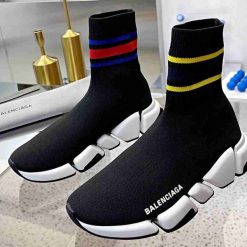 Balenciaga Speed 2.0 Black With Stripe Wholesale Luxury Sneakers showcasing a sleek design, featuring a comfortable knit upper and bold stripe accents, perfect for a stylish and sporty look.