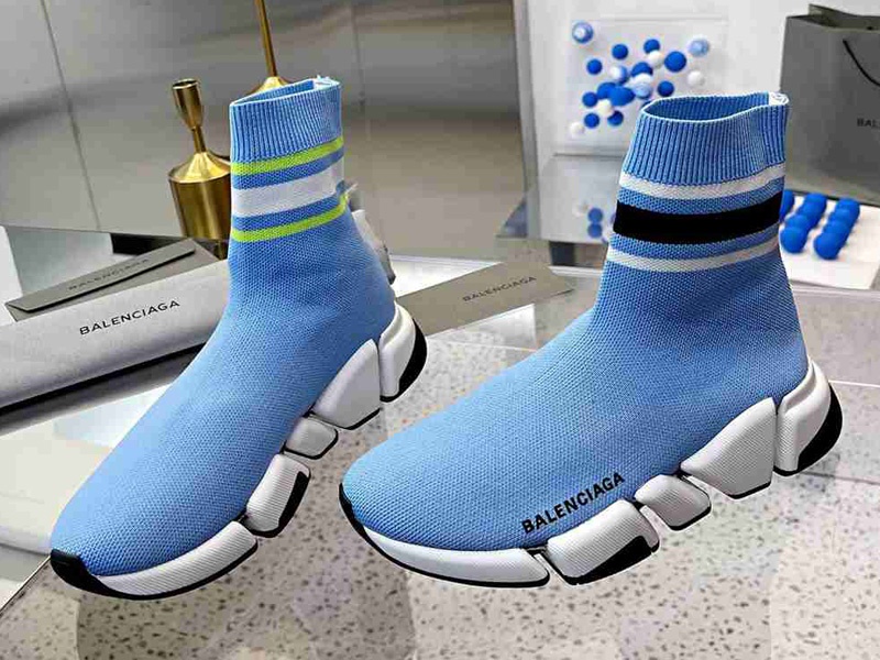 Balenciaga Speed 2.0 Light Blue With Stripe Sneaker, high-quality replica sneakers featuring a sleek design and modern aesthetic perfect for fashion enthusiasts.