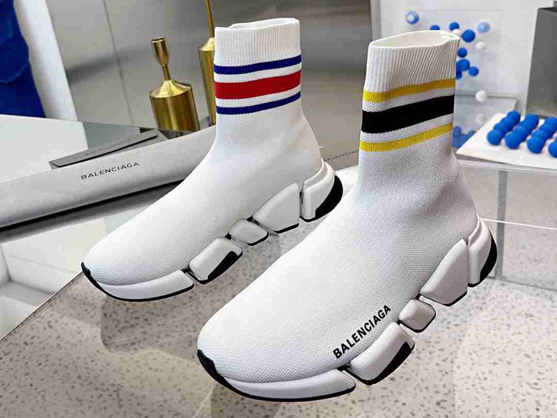 Balenciaga Speed 2.0 White With Stripe Sneaker high-quality replica sneakers featuring a sleek white design with a stylish stripe detail, perfect for fashion-forward individuals.