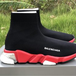 Balenciaga Speed Clear Sole Black Red White Sneaker replica sneakers showcasing a sleek design with a transparent sole and vibrant color combination, perfect for fashion-forward sneaker enthusiasts.