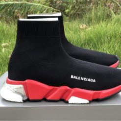 Balenciaga Speed Clear Sole Black Red White Sneaker replica sneakers featuring a sleek design, modern aesthetics, and a transparent sole, ideal for fashion-forward individuals looking for high-quality alternatives.