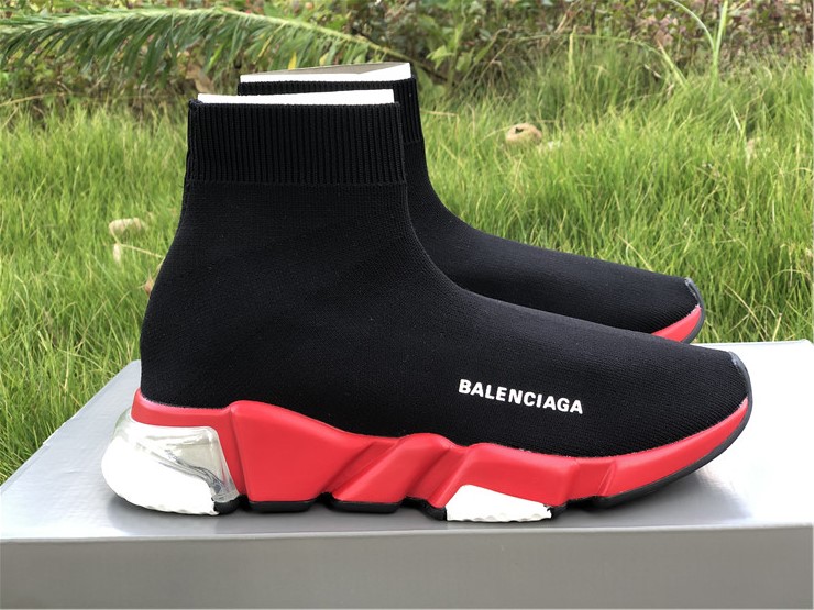 Balenciaga Speed Clear Sole Black Red White Sneaker replica sneakers showcasing a sleek design with a transparent sole and vibrant color combination, perfect for fashion-forward sneaker enthusiasts.