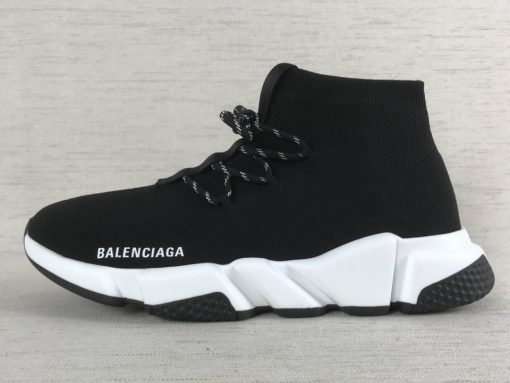 Balenciaga Speed Lace Up Black White Sneaker replica sneakers featuring a sleek design with high-quality materials, ideal for fashion-forward individuals seeking stylish footwear options.