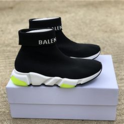 Balenciaga Speed Trainer Black Green replica sneakers featuring a sleek black and green design, perfect for achieving a trendy and sporty look.