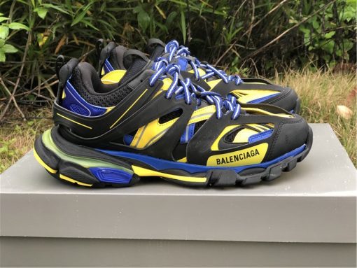 Balenciaga Track Black Blue Yellow Sneaker replica sneakers featuring a sporty design with breathable mesh and bold color accents, ideal for fashion-forward individuals seeking stylish and high-quality footwear.