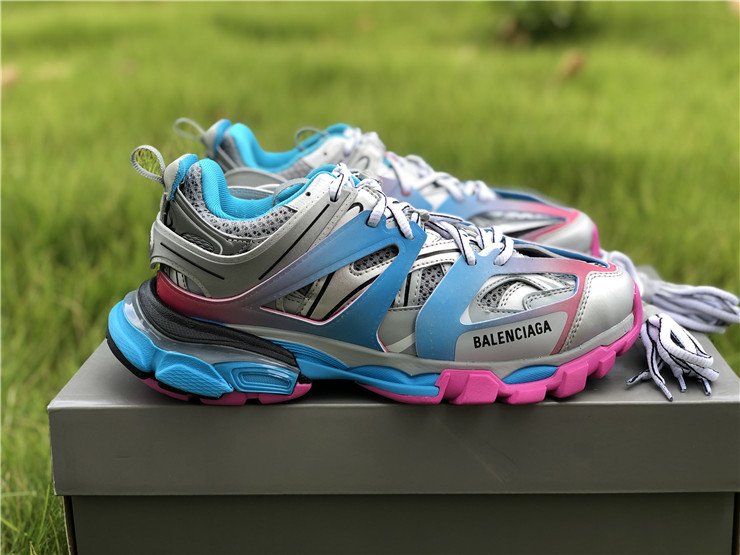 Balenciaga Track Blue Pink Silver Sneaker high-quality replica sneakers showcasing a stylish and modern design with vibrant colors and distinctive features.