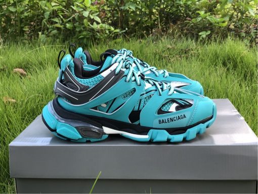 Balenciaga Track Emerald Blue Sneaker replica sneakers featuring a vibrant emerald blue colorway, intricate detailing, and a modern athletic silhouette designed for style and comfort.