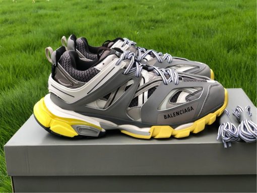 Wholesale Luxury Balenciaga Track Grey White Yellow Sneaker, high-quality replica sneakers featuring a stylish design with a mix of grey, white, and yellow colors, perfect for any casual outfit.