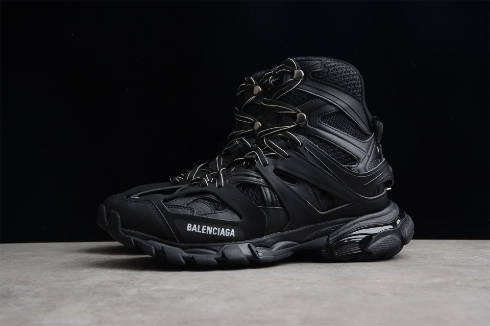 Balenciaga Track Hike Black Sneaker high-quality replica sneakers featuring a sleek, modern design with a mix of materials, showcasing a bold black colorway and intricate detailing for style and comfort.