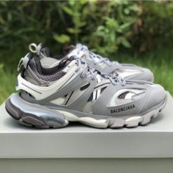High-quality replica Balenciaga Track LED white grey dark grey sneakers featuring a modern design and vibrant LED accents, perfect for sneaker enthusiasts looking for stylish replica sneakers.