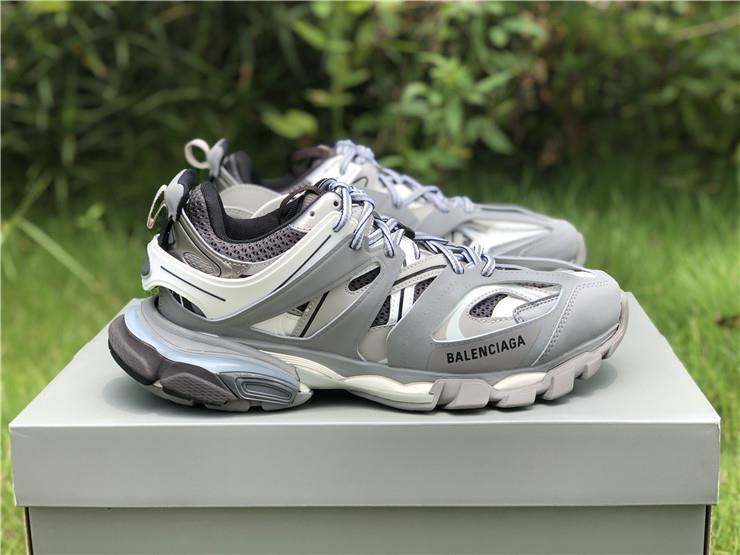 Wholesale Luxury Balenciaga Track LED White Grey Dark Grey Sneaker, high-quality replica sneakers featuring a modern design with distinct color accents and an LED element, perfect for fashion enthusiasts.