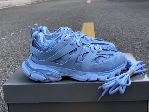 Balenciaga Track Light Blue Sneaker replica sneakers showcasing a stylish design with a vibrant light blue colorway, featuring mesh and synthetic materials, ideal for sneaker enthusiasts seeking quality replicas.