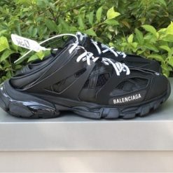 Balenciaga Track Mule Black Sneaker replica sneakers featuring a stylish design with a sleek black finish, ideal for fashion enthusiasts looking for high-quality alternatives.