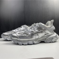 Balenciaga Track Silver Metallic Sneaker replica sneakers featuring a sleek metallic finish, breathable mesh, and a chunky silhouette for a stylish and sporty look.
