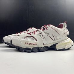 High-quality replica Balenciaga Track White Burgundy Sneakers showcasing a stylish design with a blend of white and burgundy colors, perfect for sneaker enthusiasts seeking fashionable replica sneakers.
