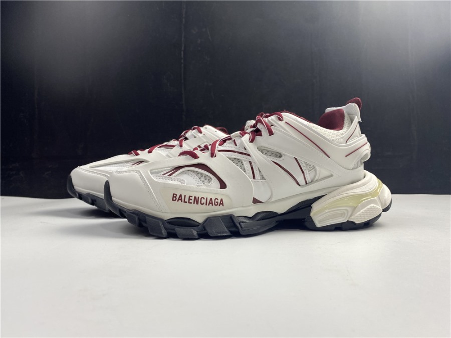 High-quality replica Balenciaga Track White Burgundy Sneakers showcasing a stylish design with a blend of white and burgundy colors, perfect for sneaker enthusiasts seeking fashionable replica sneakers.