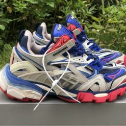 Balenciaga Track 2 Beige Blue Red Sneaker high-quality replica sneakers featuring a mix of beige, blue, and red colors with chunky sole design and stylish detailing.