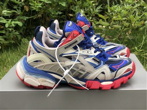 Balenciaga Track 2 Beige Blue Red Sneaker high-quality replica sneakers featuring a mix of beige, blue, and red colors with chunky sole design and stylish detailing.
